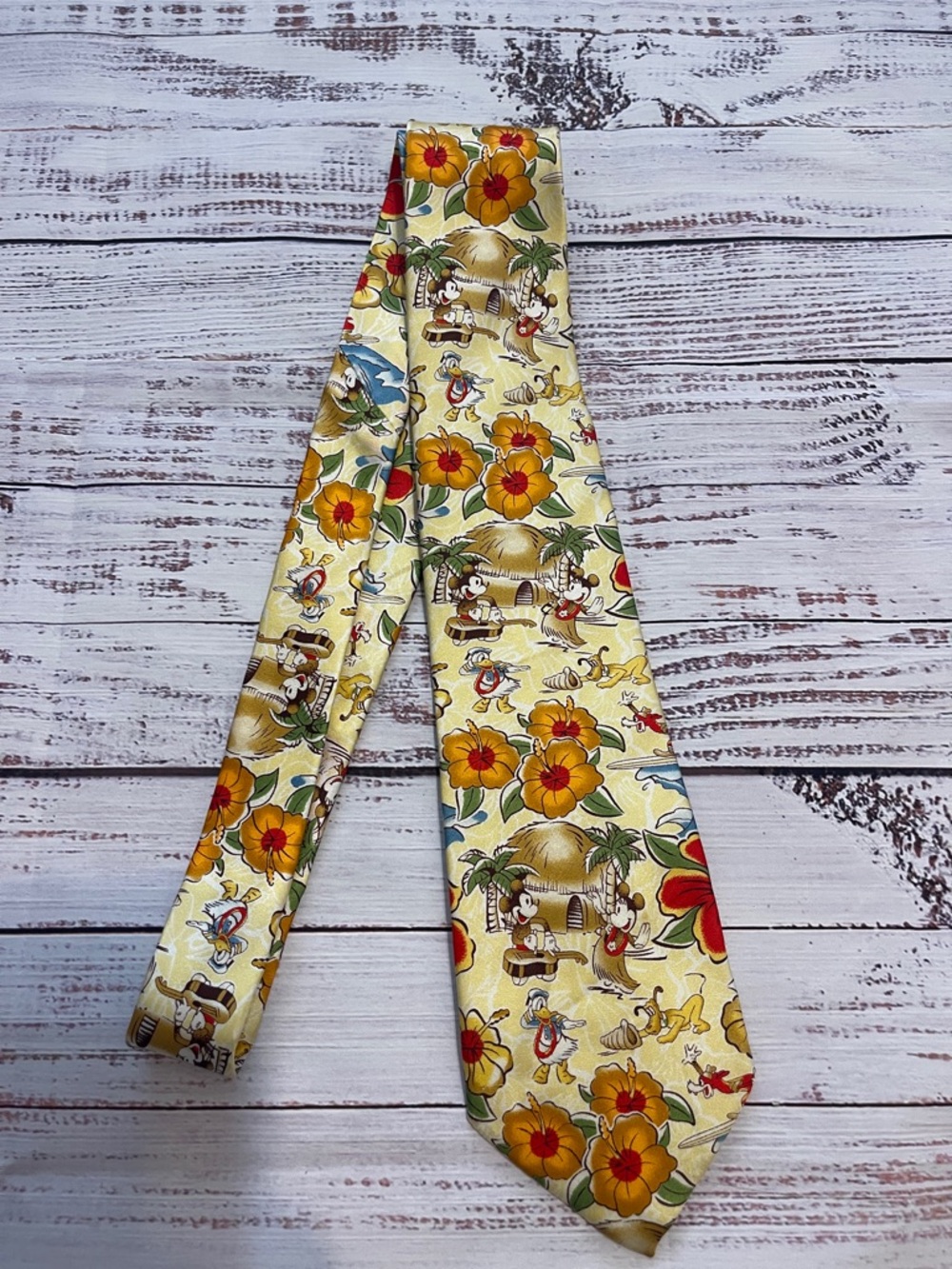 Vintage Disney Hawaiian Mickey Minie Cartoon Silk Tie in Yellow Floral Print